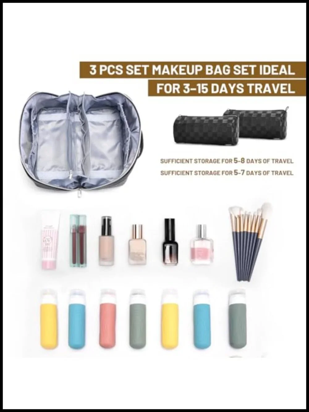 3-Piece Travel Makeup Bag Set 180° Lay-Flat PVC Leather Cosmetic Case Toiletry